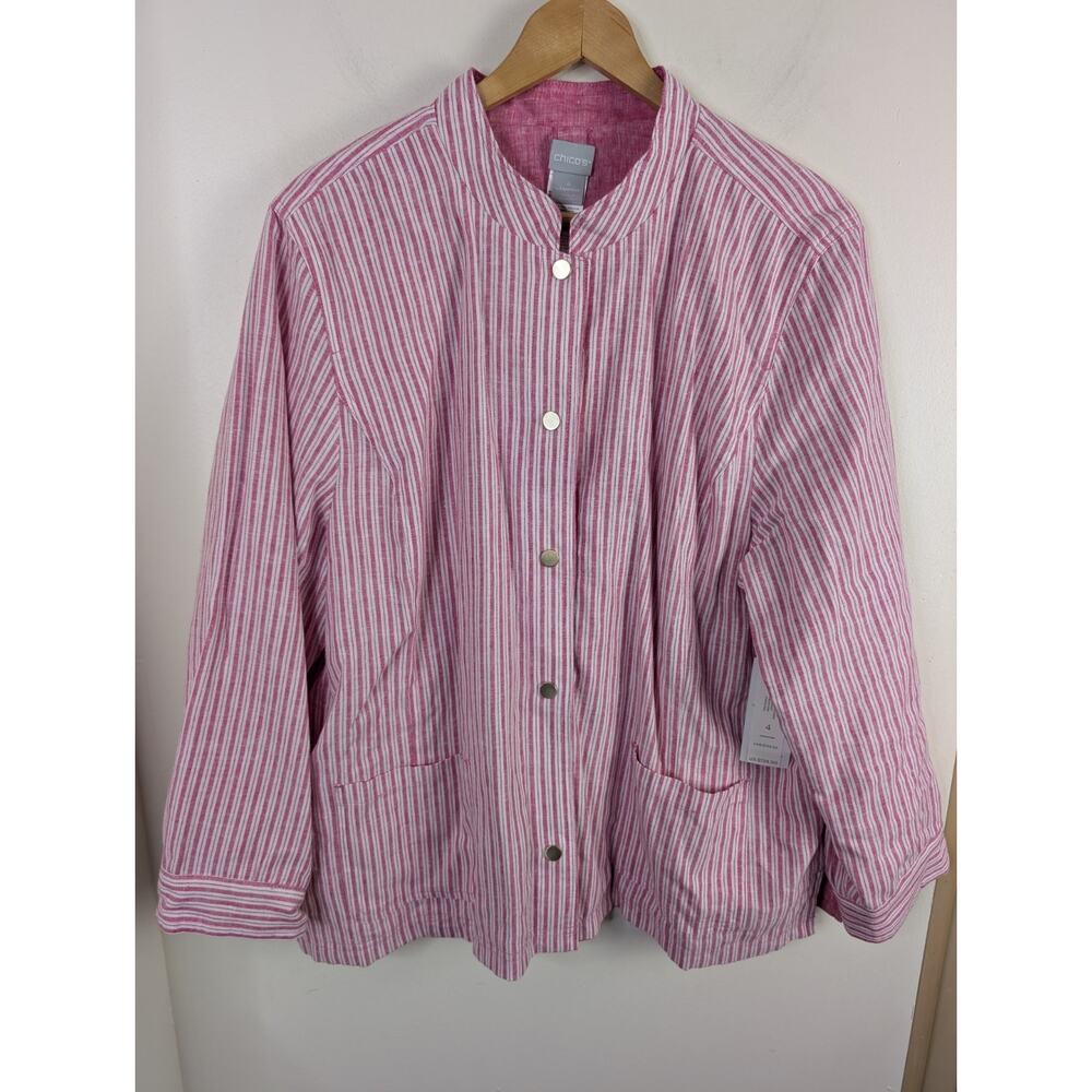 Chicos Size 4 XXL Pink Reversible Linen Jacket Railroad Stripes Haute Button New